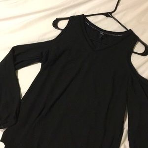 Black cut out shoulder long sleeve sheer top vneck